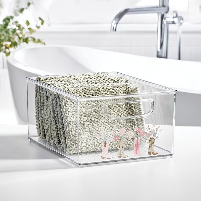 iDesign Bathroom Organizer Bin with Decorative Print - Stackable Plastic Storage Basket for Makeup & Vanity Organization - Clear