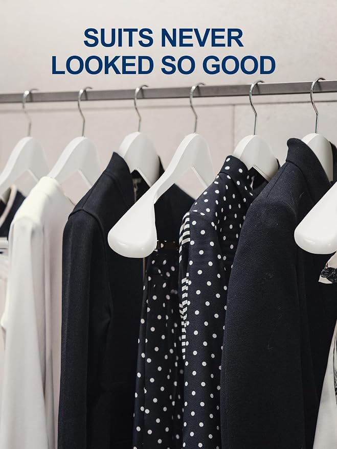 HOUSE DAY High-Grade Solid Wood Coat Hangers for Women, Wide Shoulder Wooden Hangers, Suit Hangers with Non Slip Pants Bar, Smooth Finish 360° Swivel Hook for Dress, Heavy Clothes Hangers 6 Pack White