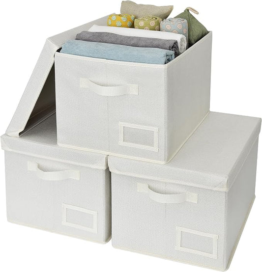 GRANNY SAYS Storage Baskets for Organizing, Linen Closet Shelf Organizers and Storage Containers with Label Holder, Large Storage Bins with Lids for Bedroom, Ivory, 3-Pack