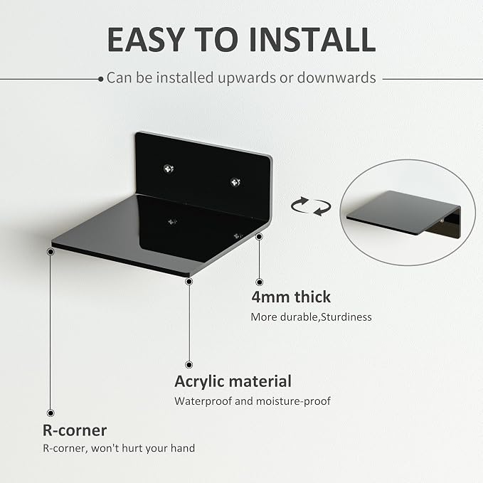 6 Inches Small Black Wall Shelves, Moisture-Proof, Space Saver, Wall Mounted Display Shelf Rack for Bedroom, Living Room, Kitchen, Dining Room, Bathroom, 4 Pack