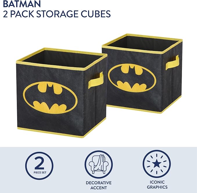 Batman Kids Storage Cubes, 2 Pack Foldable Fabric Bins with Handles, Collapsible Organizer Boxes for Bedroom, Playroom & Nursery, Durable Kids Storage Solution