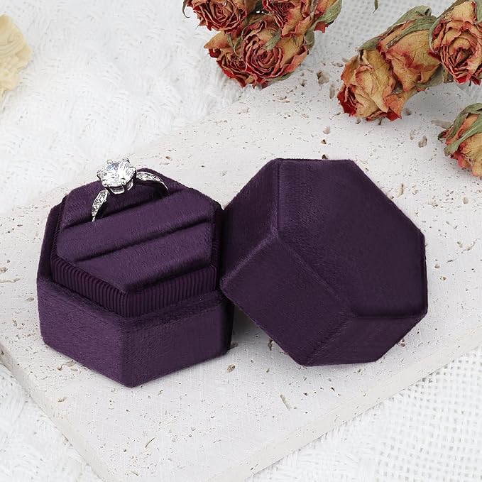 DesignSter Hexagon Velvet Ring Box - Premium Gorgeous Vintage Double Ring Display Holder with Detachable Lid for Proposal, Engagement, Wedding, Ceremony(Deep purple)