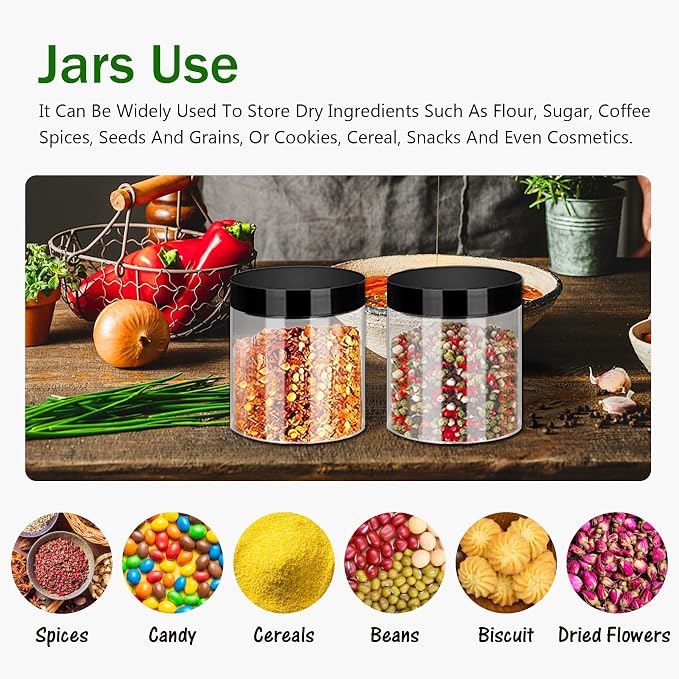 SLifeJars 8oz Plastic Jars with Lids 24 Pack Clear Plastic Slime Containers Stackable Round Empty Clear Jars with Black Lids Pen Labels Refillable Slime Jar for Kitchen Storage Spices Dry Food