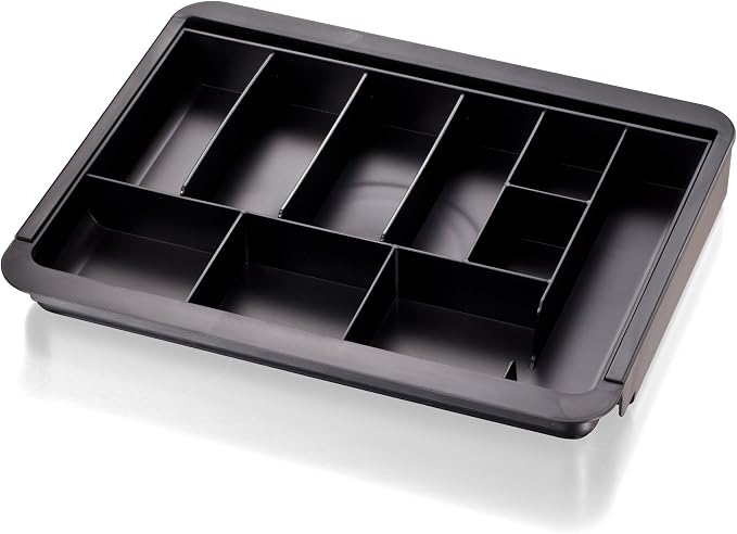 Officemate Expandable Drawer Organizer Tray, Adjustable 10.3"–16" Width, Customizable Compartments with Dividers, Recycled Plastic, Black