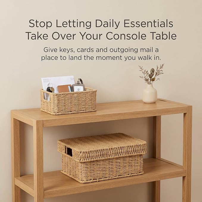 Wicker Storage Basket with Lid - Woven Basket for Storage,Rectangular Decorative Boxes Bins with Lids for Shelves,living room, Nursery, 2 baskets+1 lid(Natural)