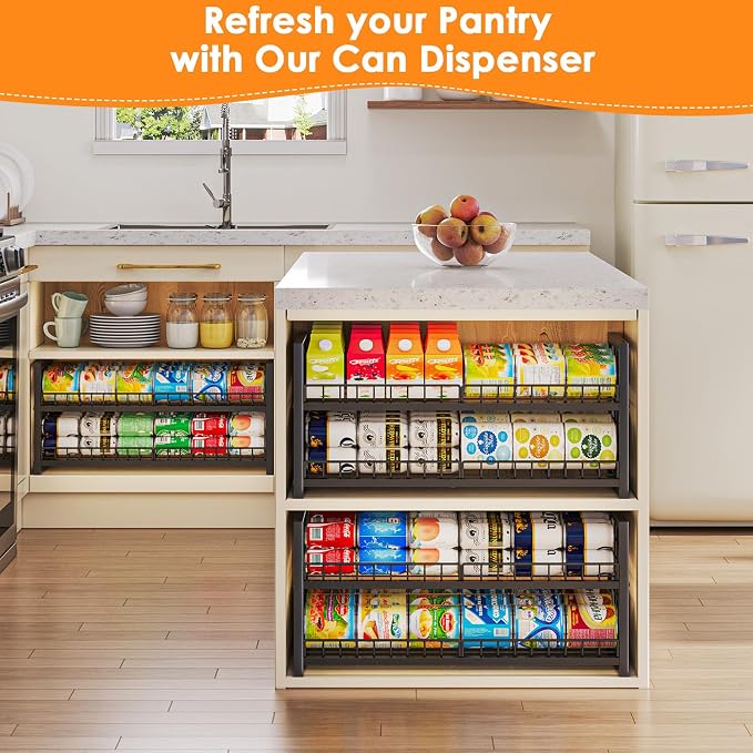 JKsmart 2-Tier Stackable Can Organizer, Extra-Long Can Rack for Pantry Storage, Adjustable Can Dispenser Holds Up to 64 Cans, 12mm Metal Frame, Super Sturdy Holders for Various Canned Food Soda-2 Pack