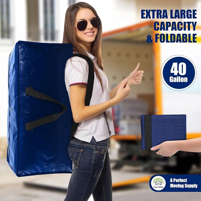 Cosy Family 8 Pack Heavy Duty Extra Large Moving Bags with Backpack Straps - Strong Handles & Zippers, Storage Totes For Space Saving, Fold Flat, Alternative to Moving Box (40 gal, Blue)