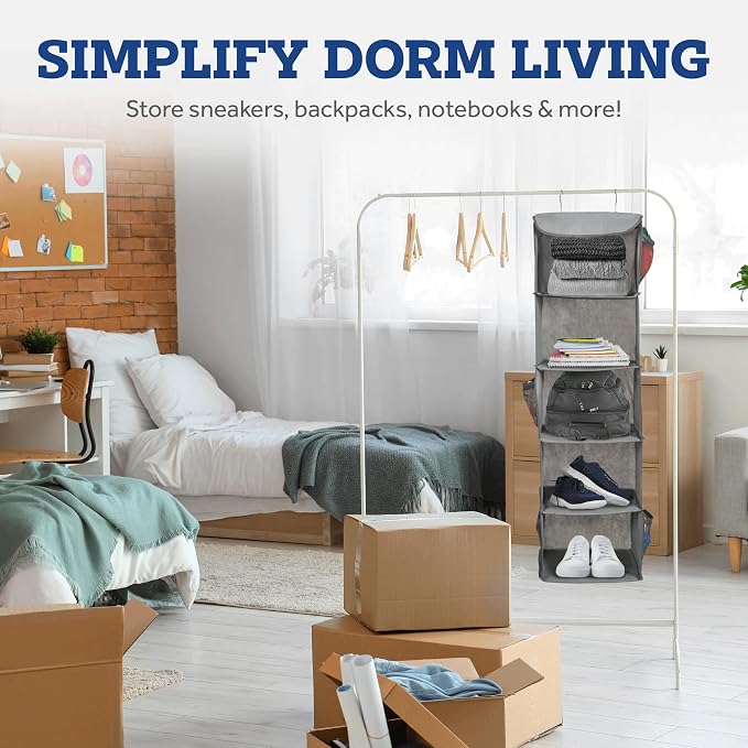 ZOBER Hanging Closet Organizer, 5-Shelf - Hanging Storage Organizer Shelves for Clothes, Towels, Toys - College Dorm Room, Nursery, & Home Closet