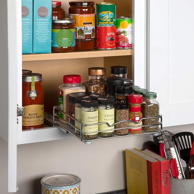 Pull-Out Cabinet Spice Rack Organizer, 10 ⅜"W x 10 ⅜"D x 2 ¾"H | Slim Slide-Out Storage for Spices, Bottles & Jars, Premium Heavy-Duty Steel, Easy Install for Narrow Kitchen Cabinets, Chrome