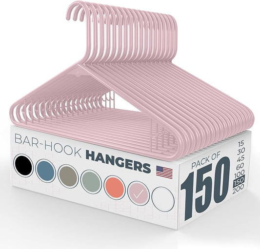 Plastic Hangers 150 Pack – Made in The USA – 6lb Capacity Standard Clothes Hangers with Strap Hooks for Dresses, Lingerie, Shirts, Pants, and Jackets – Pink