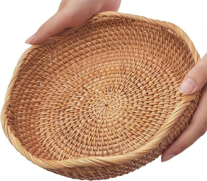 8.7" Wave Small Wicker Basket, Artisanal Rattan Fruit Basket, Key Bowl for Entryway Table, Decorative Bowl for Kitchen Counter, Bedside, Living Room, Natural Woven Fruit Bowl, Purse Bowl, Bread Basket