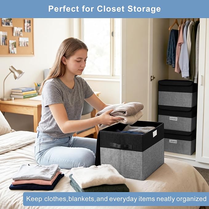 Bagnizer Large 22 Quart Linen Fabric Foldable Storage Bin Cube Organizer Basket with Flip-Top Lid & Handles, Clothes Blanket Box for Home, Office, Closet, Black & Gray, 4 Pack 14.6 x 9.5 x 9.5