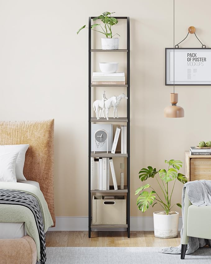 Hzuaneri Bookshelf Bookcase Narrow Bookcase Shelf Organizer with Steel Frame for Study Living Room Bedroom Kitchen Home Office Industrial Bookshelf 6-Tier Greige BC56005B