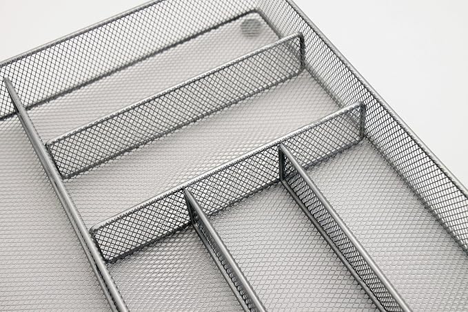 Mesh Large Cutlery Tray with Foam Feet - 6 Compartments - Kitchen Organization/Silverware Storage Utensil Flatware Tray