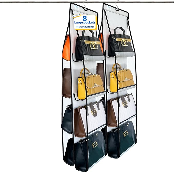 Purse Organizer for Closet 2 Pack, Over the Door Purse Storage with Heavy Duty Metal Hooks, Wall Mounted Handbag Storage Holds up to 16 Bags - Bag Rack for Closet, Door