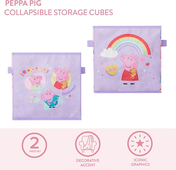 Idea Nuova Storage Cubes for Kids,2 Pack Collapsible Fabric Bins with Handles, Organizer Boxes with Handles for Bedroom,Playroom & Nursery,Peppa Pig