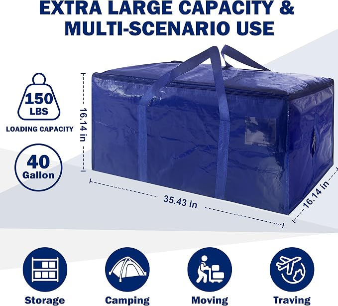 4 Pack Extra Heavy Duty Large Moving Bags with Strong Zipper & Carrying Handles, Sturdy Clothes Storage Bag Totes Bins, Packing Bags Moving Boxes College Moving Supplies, Dark Blue - 40 gal