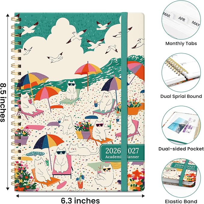 Planner 2026-2027, Hardcover Monthly and Weekly Academic Planner July 2026 - June 2027, Teacher and Student Calendar Agenda Book with Tabs, A5 (6.3" x 8.5"), Ideal for School and Office, Cat Beach