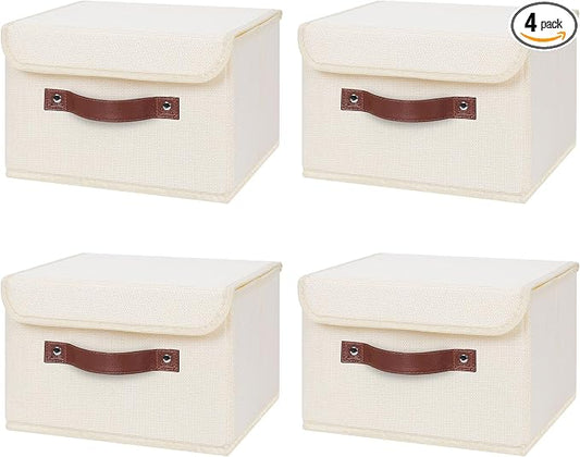 ANMINY 4PCS Storage Bins with Lid PU Leather Handles Storage Boxes PP Plastic Board Decorative Foldable Lidded Cotton Linen Fabric Home Cubes Baskets Closet Organizer Containers - Beige, Small Size
