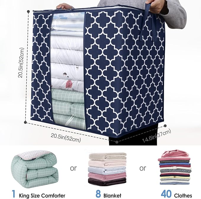 WISELIFE Storage Bags 4 Pack/100L Large Blanket Clothes Organization and Storage Containers for Comforters,Bedding, Foldable Organizer with Reinforced Handle, Clear Window, Sturdy Zippers,Blue