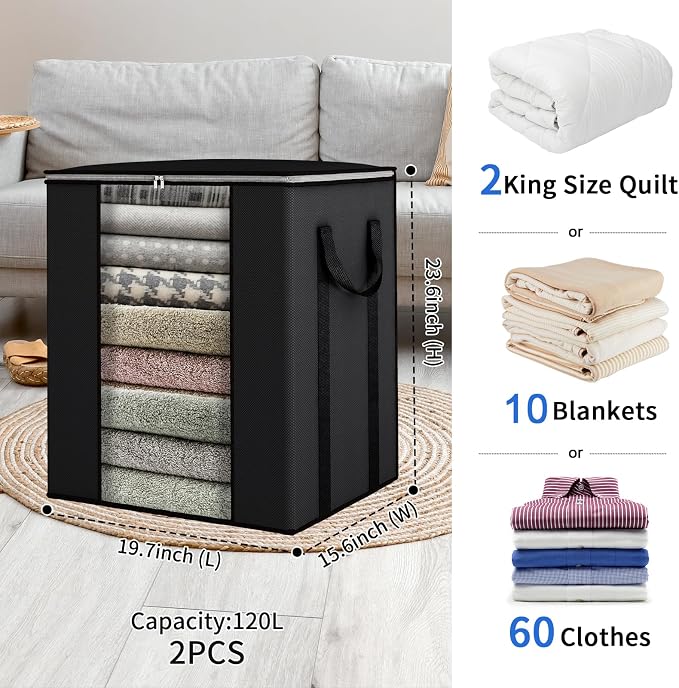 Fixwal Blanket Storage Bags 120L for Comforter Clothes Bedding 2 Pack Black