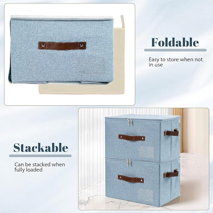 ANMINY Storage Bins with Zipper Lid Storage Boxes with Label Holder PU Leather Handles Washable Foldable Decorative Lidded Cotton Linen Fabric Cubes Baskets Closet Organizer - Blue, Small