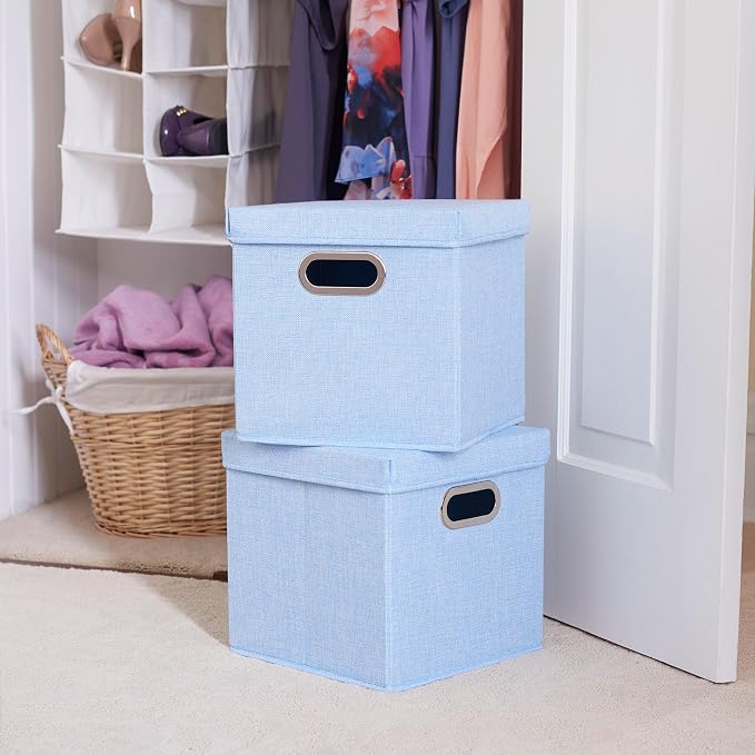 Household Essentials 816-1 Café Cube Bin Storage Set with Lids and Handles | 16 Pack, Baby Blue Linen