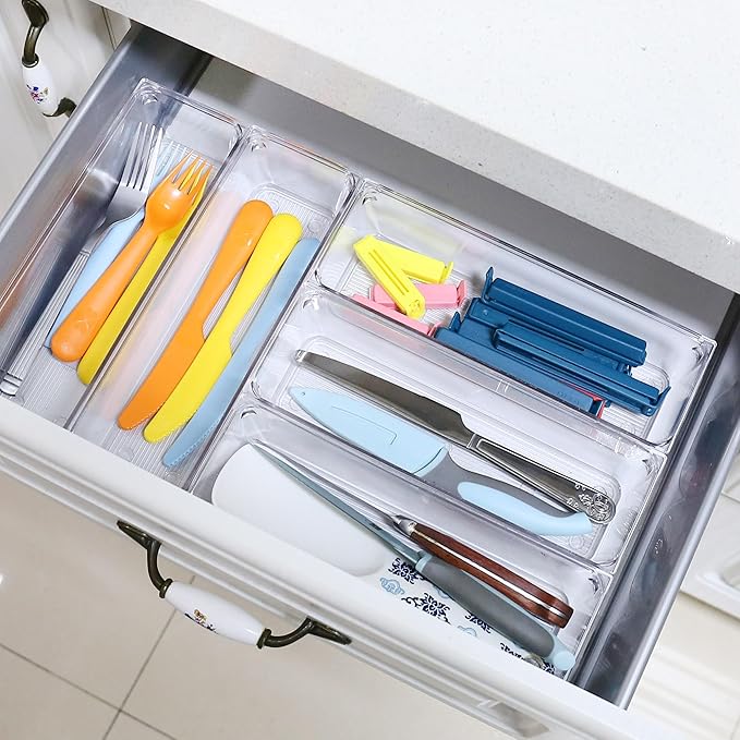 LotFancy 8 Pack Clear Plastic Drawer Organizers, 9.2''×3''×2'', Food Grade Storage Trays, Non-Slip Storage Bins for Kitchen Utensil, Silverware Cutlery, Bathroom, Office Desk, Makeup, Jewelry