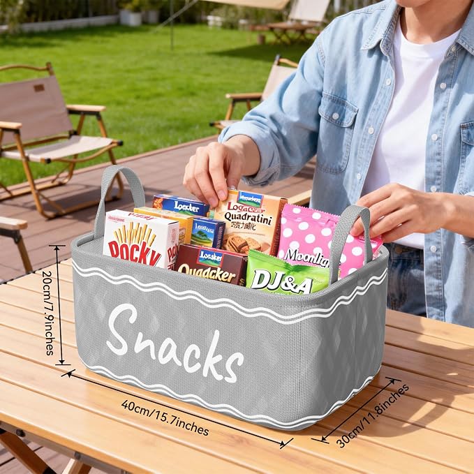Snack Basket for Pantry & 5 Seal Clips - Snack Bin Organizer for Countertop - Imitation Linen Snack Storage Containers for Storing Chips, Pretzels, Cookies, Popcorn (2, Gray-2 Pack)