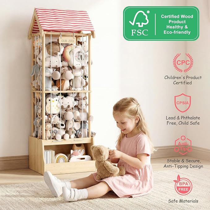 Stuffed Animal Storage, Wooden Stuffed Animal Zoo with Toy Box and Triangular Ceilings, Vertical Stuffed Animal Holder with Thicker Elastic Band, Plushies Storage for Playroom, Nursery, Bedroom