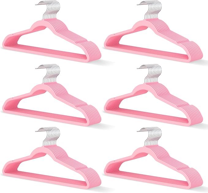 Pink Velvet Hangers 60 Pack, Slim Space Saving Suit Hangers for Closet Organizer, Rotating Silver Hook, Non Slip Clothes Felt Hanger Heavy Duty for Coat,Shirt, Pants, Camisole, Dress