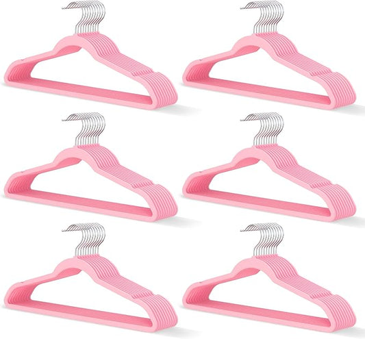 Pink Velvet Hangers 60 Pack, Slim Space Saving Suit Hangers for Closet Organizer, Rotating Silver Hook, Non Slip Clothes Felt Hanger Heavy Duty for Coat,Shirt, Pants, Camisole, Dress