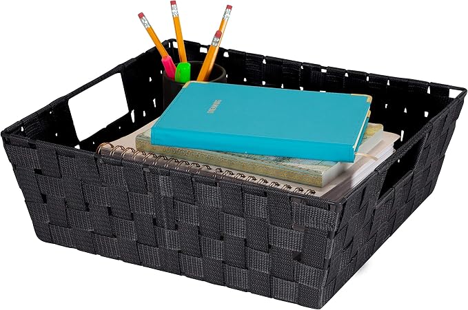 Simplify 15"x 13"x 5" Alloy Steel Rectangular Basket with 2 Built-in Carrying Handles, Black