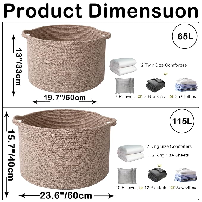 115L Large Blanket Basket,23.6" L x 23.6" W x 15.7" H Rope Woven Baskets with Handles, Toys Storage Bins,Laundry Basket Perfect for Living Room, Nursery,Bedroom,Home Organization,Brown