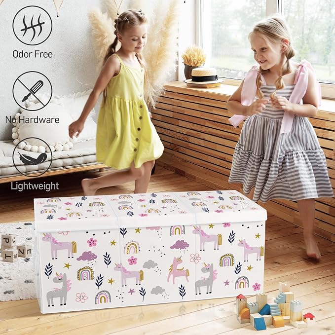 Extra Large Collapsible Toy Box with Lids, Sturdy Storage Organizer for Kids, 38"x16"x13" Toy Chest for Playroom, Nursery, Bedroom, Living Room (Flowers and Unicorns)