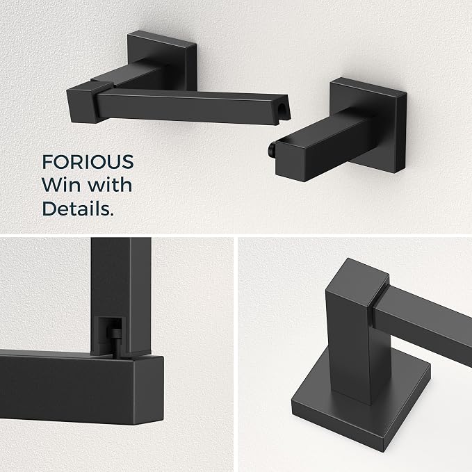 FORIOUS Toilet Paper Holder Set Wall Mount, SUS 304 Stainless Steel Pivoting Toilet Paper Holder and Towel Ring, Hand Towel Holder Set for Bathroom, Square Bathroom Hardware Set, Matte Black