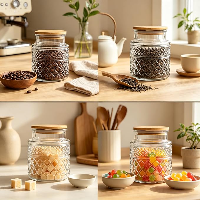 Prettidecor Glass Storage Jar, 38 FL OZ, Food Canisters with Bamboo Lid, Kitchen Containers Decorative Airtight Glass Jars For Cereal Nuts Snack Candy Cookies Coffee Tea