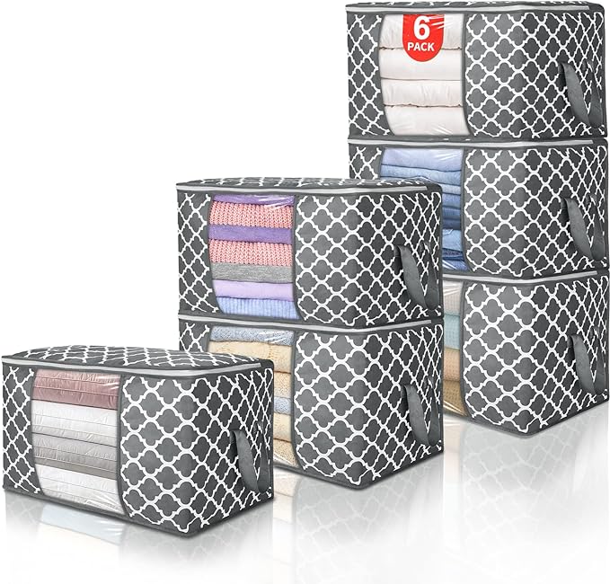 90L Large Storage Bags, 6 Pack Clothes Storage Bins Closet Organizers | Foldable Storage Containers, with Reinforced Handle, for Clothing, Blanket, Comforters, Bed Sheets, Pillows and Toys,Pattern