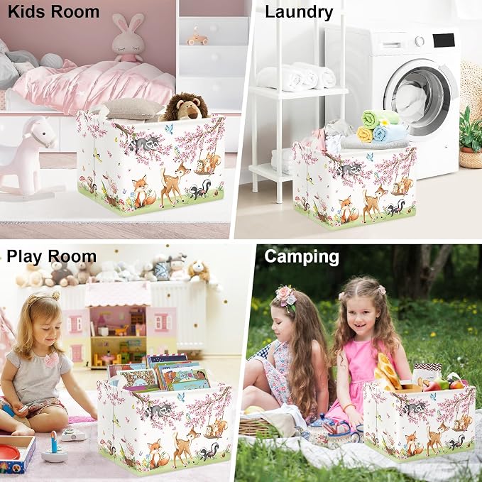 Clastyle Forest Animal Baby Storage Basket Leaf Kid Laundry Hamper Boy Girl Gift Toy Box Collapsible Clothes Organizer Nursery Bin for Bedroom, Cherry Deer, 40x30x30 cm