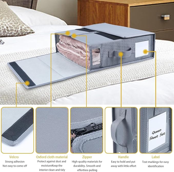 Bed Sheet Organizers and Storage - Foldable Sheet Cube Storage Container with Handles and Labels, Bedding Storage Box for Linen Closet, Wardrobe, Under Bed, Fits King/Queen Sheets, Towels(8 PCS)