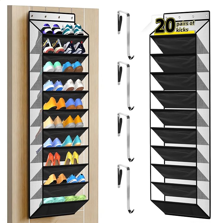 PAULONE 10-Pocket Multi-Use Over the Door Organizer, Heavy Duty 95lbs Capacity with Breathable Mesh, Versatile Hanging Storage for Shoes, Toys, Office Supplies-Classic (Piano Gloss Black, 10-Shelf,)