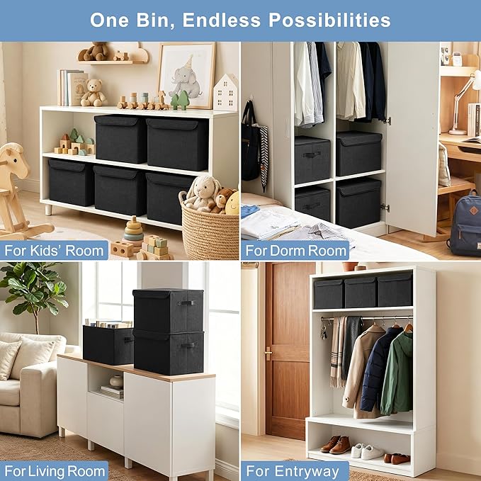 Bagnizer Large 22 Quart Linen Fabric Foldable Storage Bin Cube Organizer Basket with Flip-Top Lid & Handles, Clothes Blanket Box for Home, Office, Closet, Black, 4 Pack 14.6 x 9.5 x 9.5”