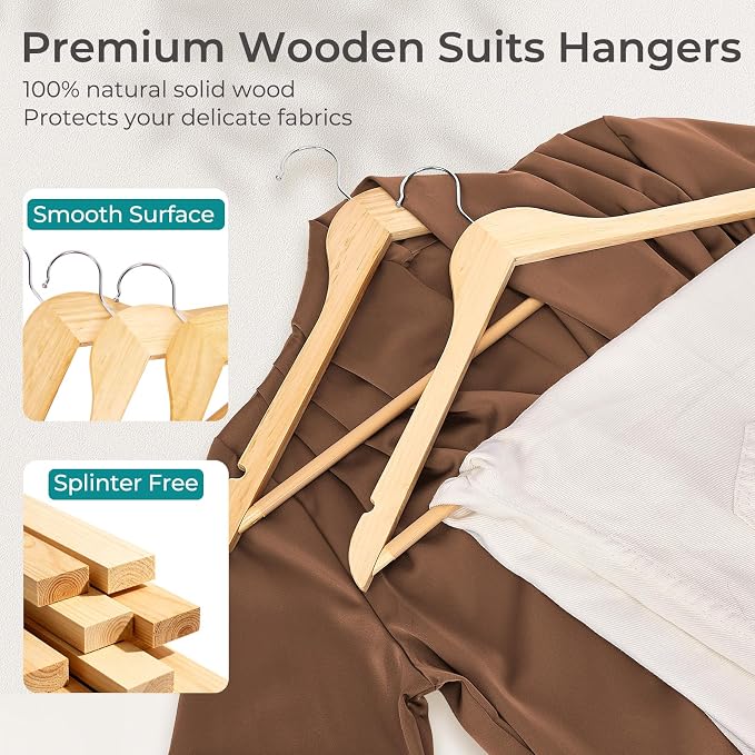 HOUSE DAY Premium Wooden Hangers 20 Pack - Heavy Duty & Durable Coat Hanger | Natural Wood Suit Hangers, 360° Swivel Hook & Pant Bar, Ideal for Jackets, Dresses, Shirts, Perfect for Closet Organization
