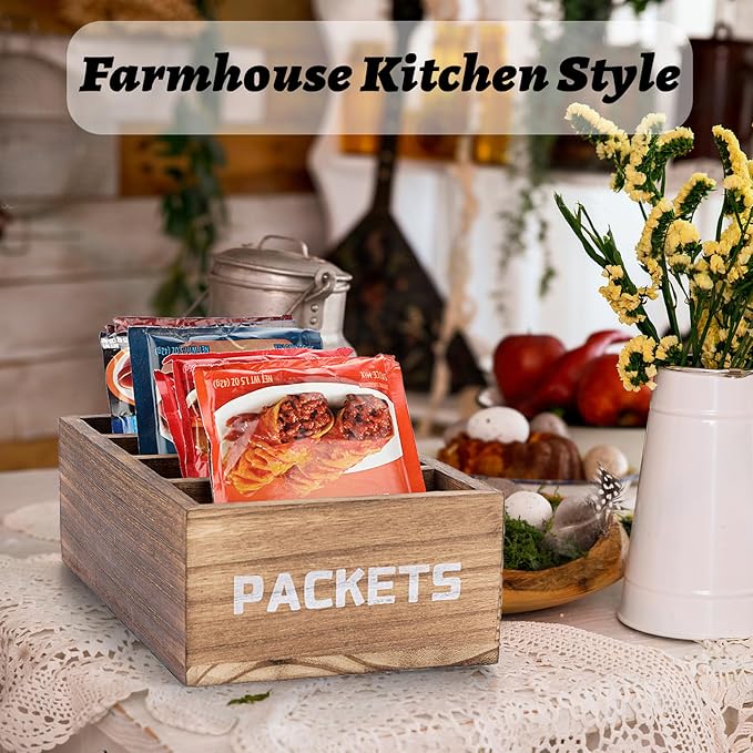 BSTKEY Seasoning Packet Organizer, Food Packet Storage Organizer with 4 Compartments, Wooden Storage Caddy for Kitchen Pantry Cabinet, Farmhouse Kitchen Organization Bin for Snacks Spice Packets