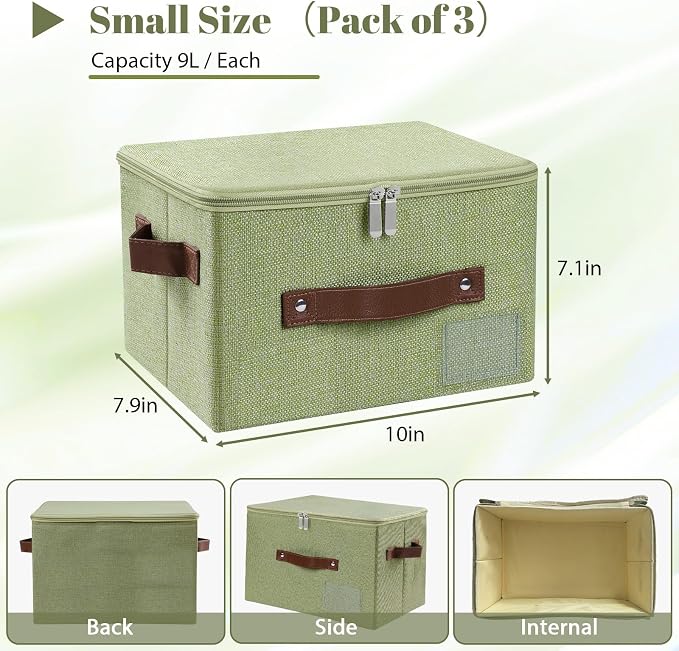 ANMINY 3PCS Storage Bins with Zipper Lid Storage Boxes with Label Holder PU Leather Handles Washable Foldable Decorative Lidded Cotton Linen Fabric Cubes Baskets Closet Organizer - Green, Small
