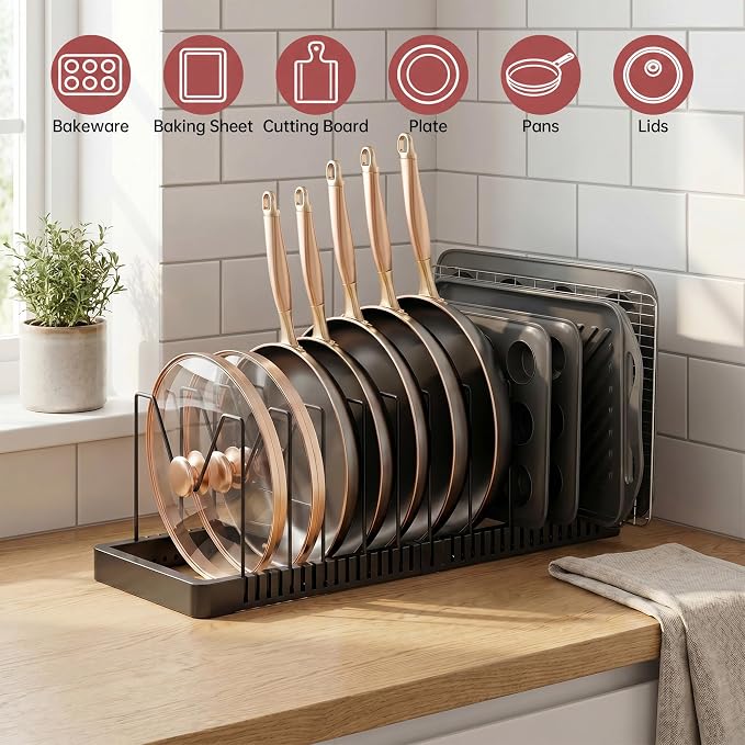ORDORA Expandable Pot Lid Organizer, Solid Metal Under‑Cabinet Pots and Pan Storage Rack 14.1''‑24.8'', Fits Bakeware & Cookie Sheets with 10 Adjustable Dividers