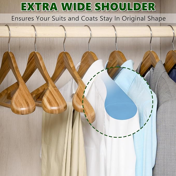 Amber Home 6 Pack Wide Shoulder Bamboo Wood Suit Hangers | Bamboo Wooden Coat Hangers with Non Slip Pants Bar, Clothes Hangers for Jackets, Sweaters, Pants & Heavy Clothes