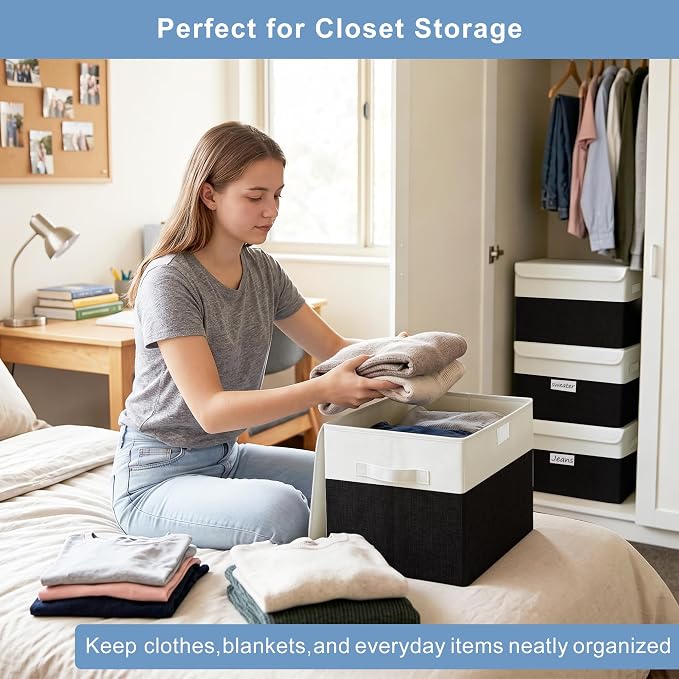 Bagnizer Large 22 Quart Linen Fabric Foldable Storage Bin Cube Organizer Basket with Flip-Top Lid & Handles, Clothes Blanket Box for Home, Office, Closet, Black & White, 4 Pack 14.6 x 9.5 x 9.5