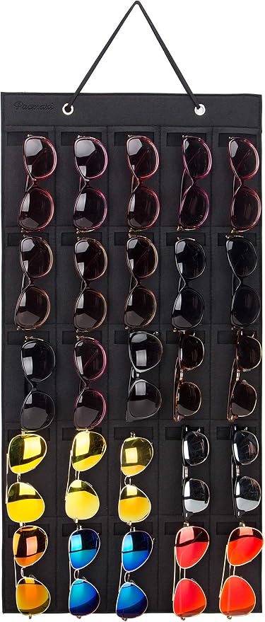 PACMAXI Sunglasses Storage Organizer, Wall Pocket Mounted by Sunglasses, Hanging Eyeglasses Storage Holder, Eyewear Display. (black, 25 Slot)