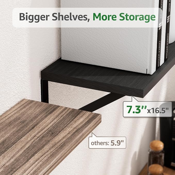 COCOYA Wall Shelves 7.3" Deep Solid Paulownia Wood (Black, Set of 2) | 15mm Thick, Wider & Longer & Stronger, Easy to Install, Floating Shelf for Room Wall, Bathroom Bedroom Office Organizer